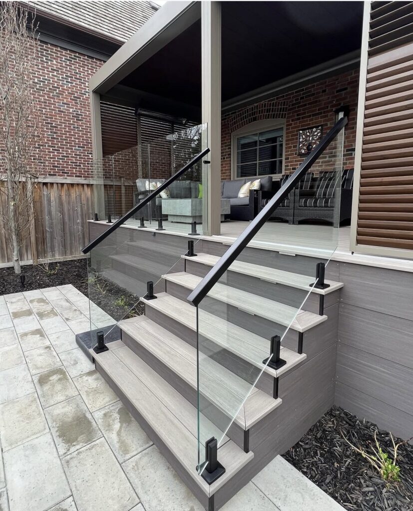 outdoor Glass railing with frame installed for the stairs