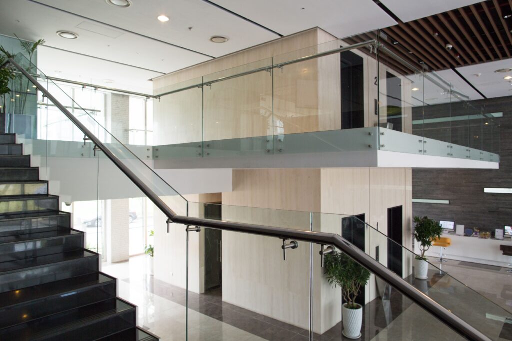 Glass railing in a residential home with tempered glass
