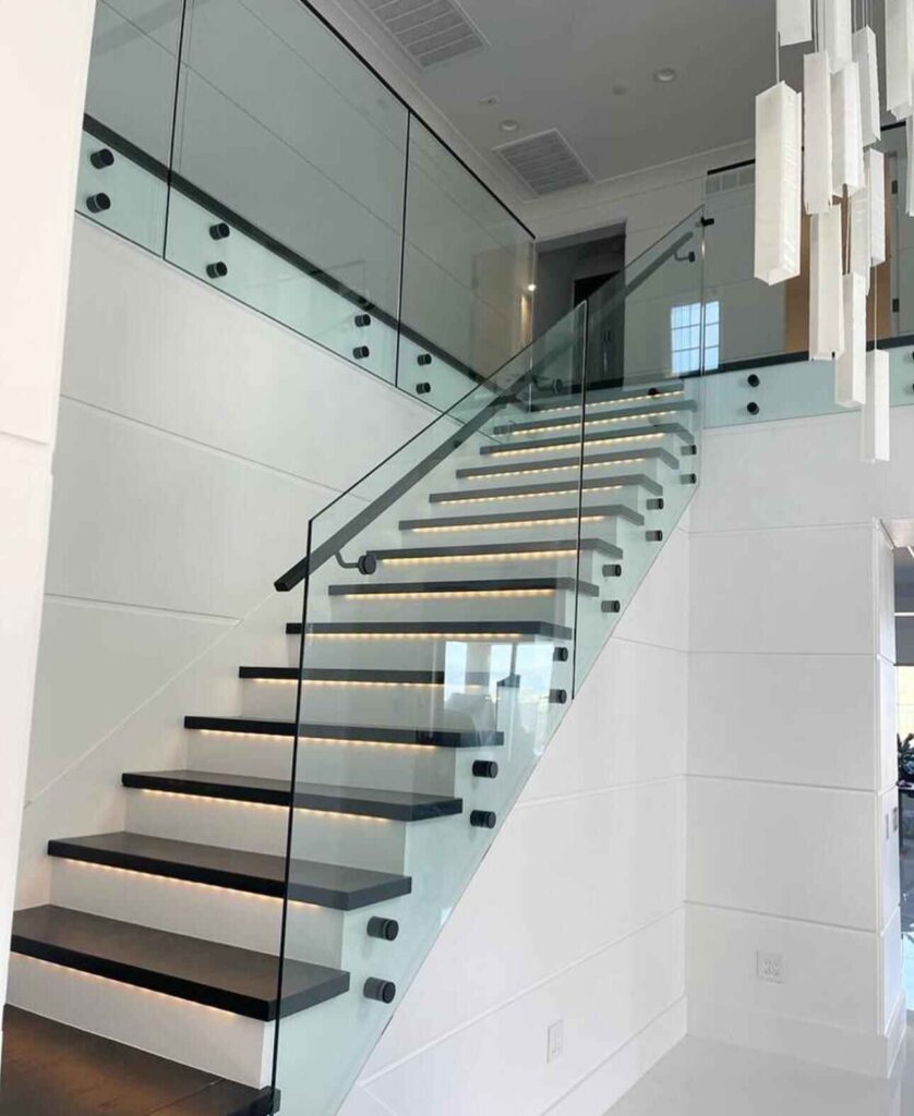 Frameless glass standoff railing system with stairs