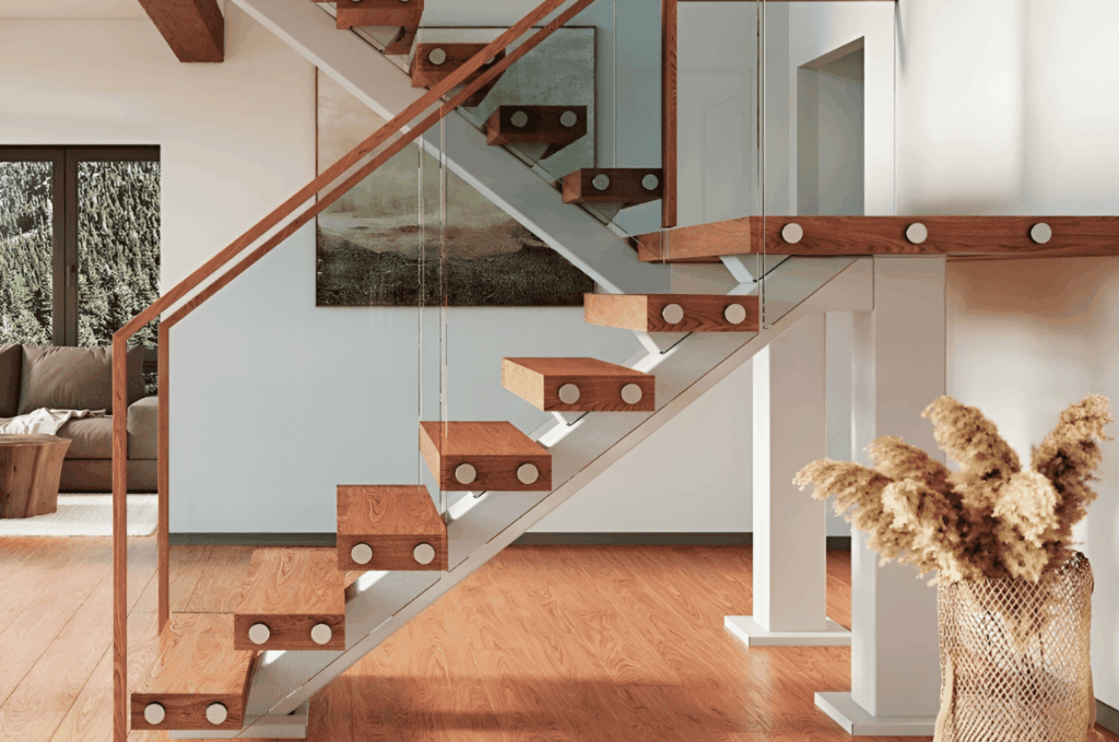 Floating wooden staircase with clear glass railing, highlighting modern glass railing design trends in home interiors