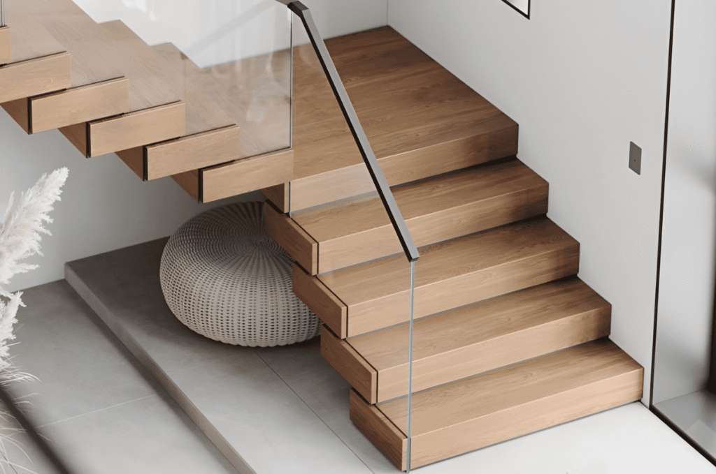 Modern house staircase with residential glass railing and open riser wooden steps