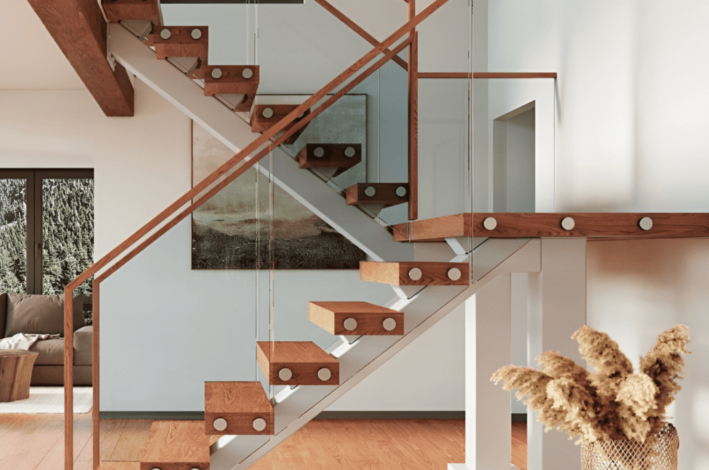 Floating wooden stairs with residential glass railing and wood handrail