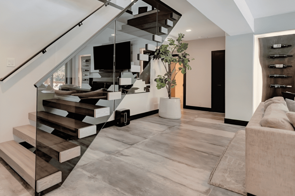 Modern interior staircase with tempered glass railing designed for safety, stability, and clean contemporary lines
