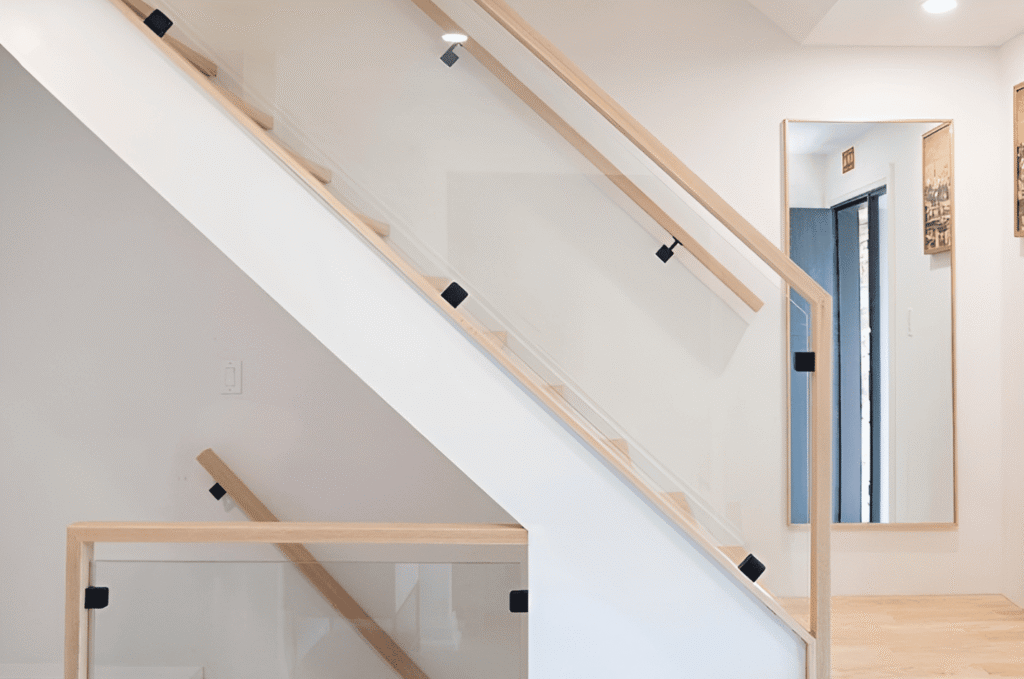 Angled stairway protected by glass railing safety system with secure mounting and smooth wood handrail