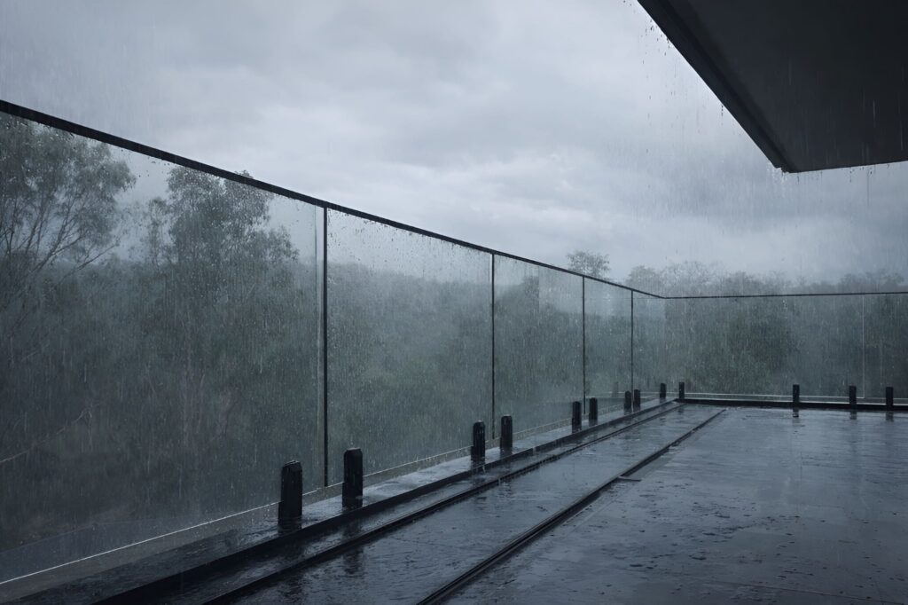 Outdoor glass railing image with rainy weather, offering wind and rain protection while keeping open views