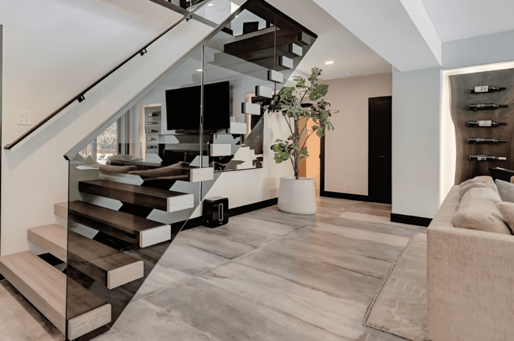 Modern interior design featuring wood staircase with  black shadowed indoor glass railing and clean, open living space