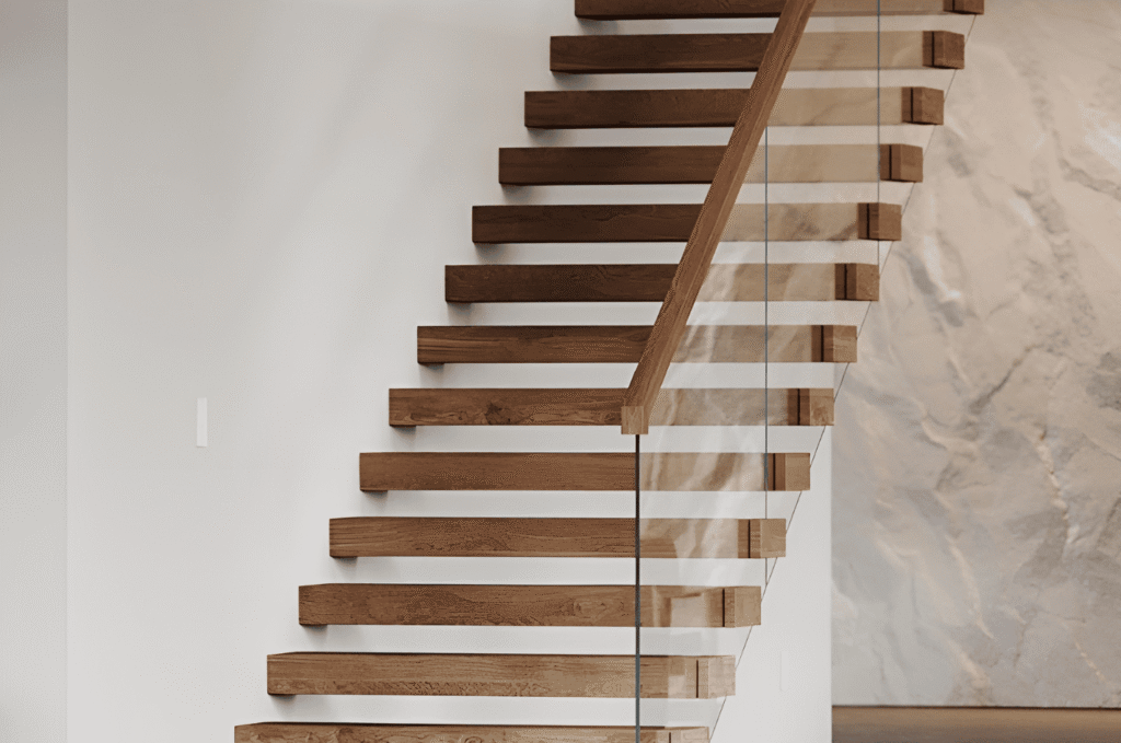 Minimal interior design staircase with solid wood steps and indoor glass railing showing a light modern look