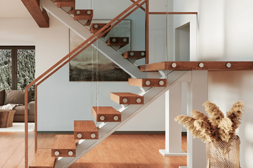 Framed glass railing with warm wood stair treads, creating a clean modern look in a bright residential interior