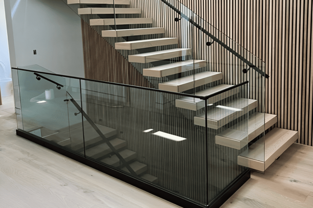 Framed glass railing enclosing a stylish staircase with light wood steps and vertical wall accents
