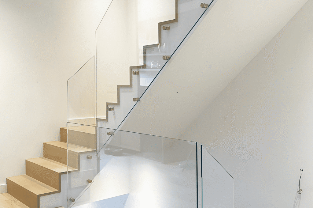 Modern staircase with clear glass railing and light wood steps, creating a clean and open interior design look