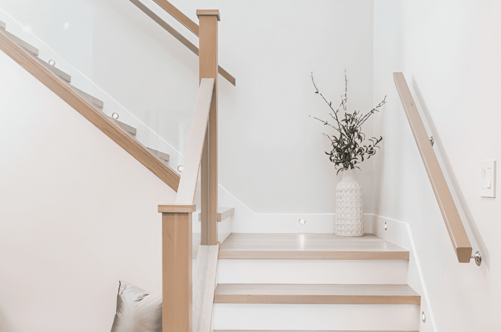 Bright stair landing with premium glass railing systems, combining wood details and glass panels for a safe, elegant design.