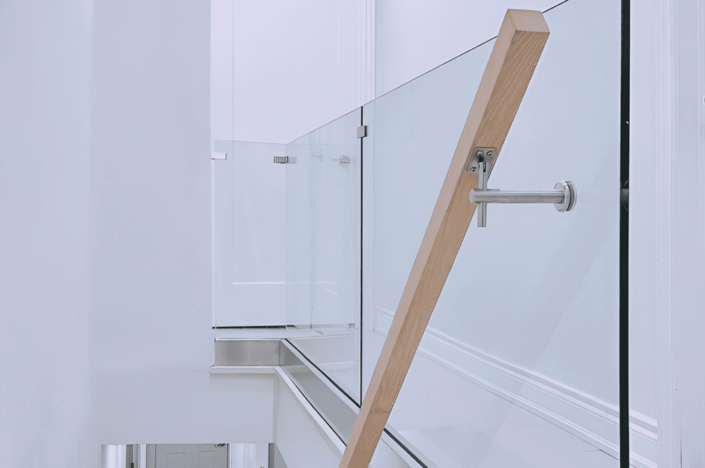 Minimalist staircase design featuring glass railing indoor application with metal handrail for safety and a modern look.