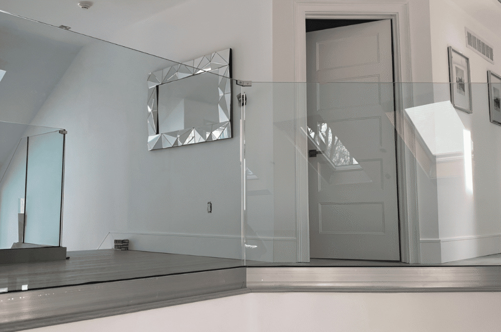 Upper floor hallway with frameless glass railing indoor application that keeps the interior clean, and full of light.