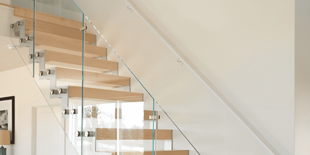 Floating wood stairs with frameless glass railing supported by metal hardware for a modern and elegant look.