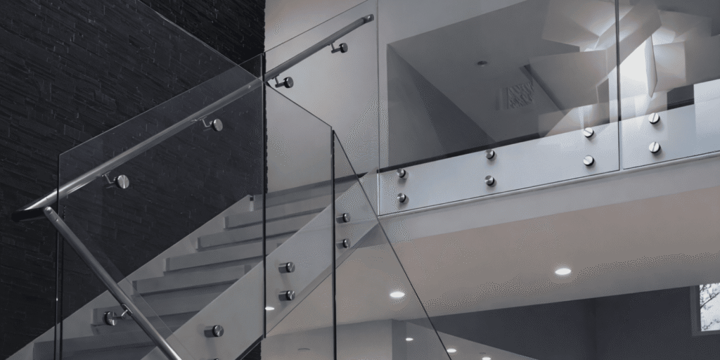 Contemporary interior staircase with frameless glass railing and stainless steel handrail for safety and style.