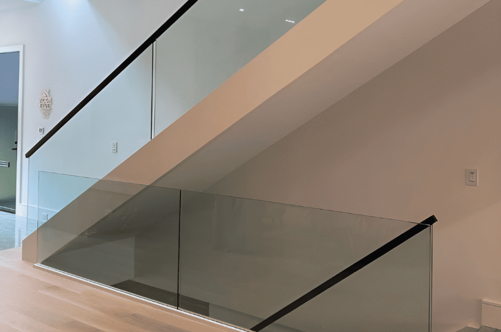 Modern staircase with framed glass railing along the landing, giving the space a clean look and strong, safe support