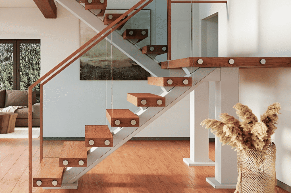 Wood stair design with modern glass railing hardware, securely holding glass panels while keeping the staircase open and bright