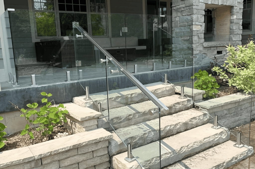Outdoor glass railing along stone stairs and patio area, supporting glass railing safety while keeping space open