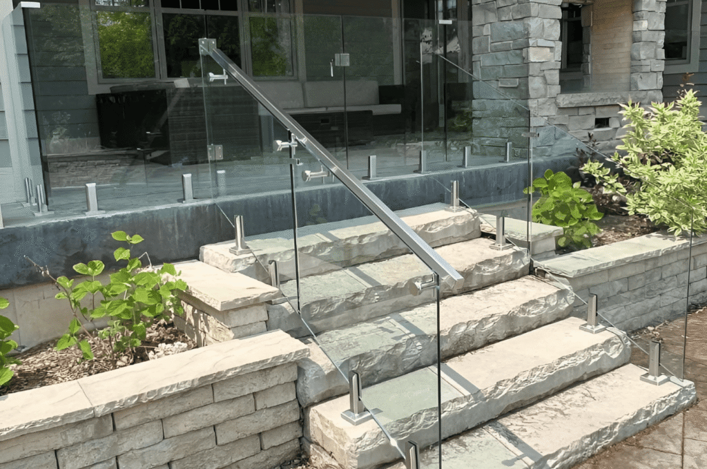 Glass railing with metal handrail on stone steps, helping provide safe access to the patio entrance