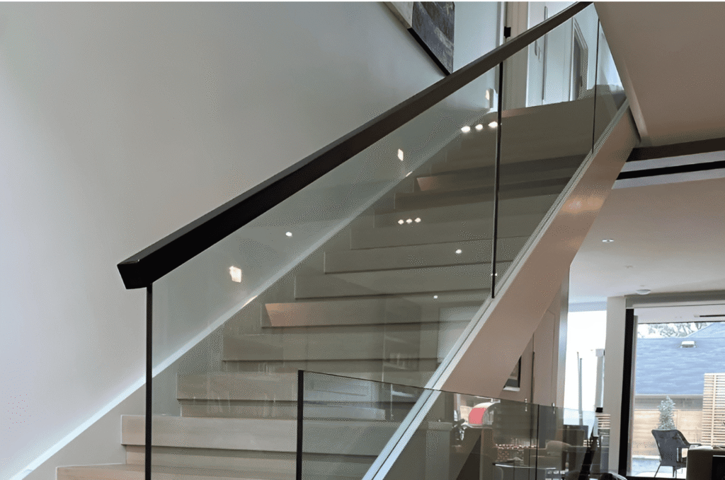 Interior glass stair railing with aligned panels, even spacing, clean top edges, and flush layout for final walkthrough check