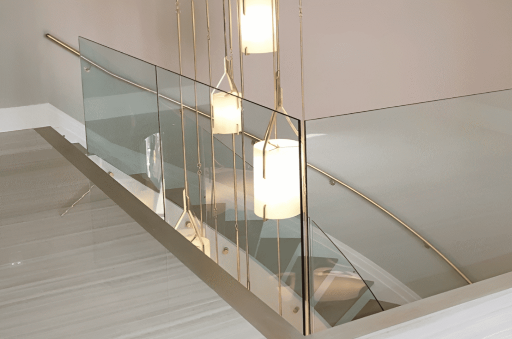 Glass balcony railing with gold top rail and multiple approved glass panels meeting engineering and code compliance standards
