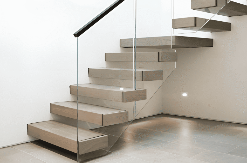 Custom tempered glass railing on floating wood stairs with a matte black handrail showcasing precise fabrication quality
