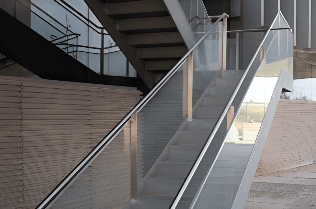 Outdoor glass stair railing with aluminum posts and a stainless steel handrail on a modern multi-level commercial building. 