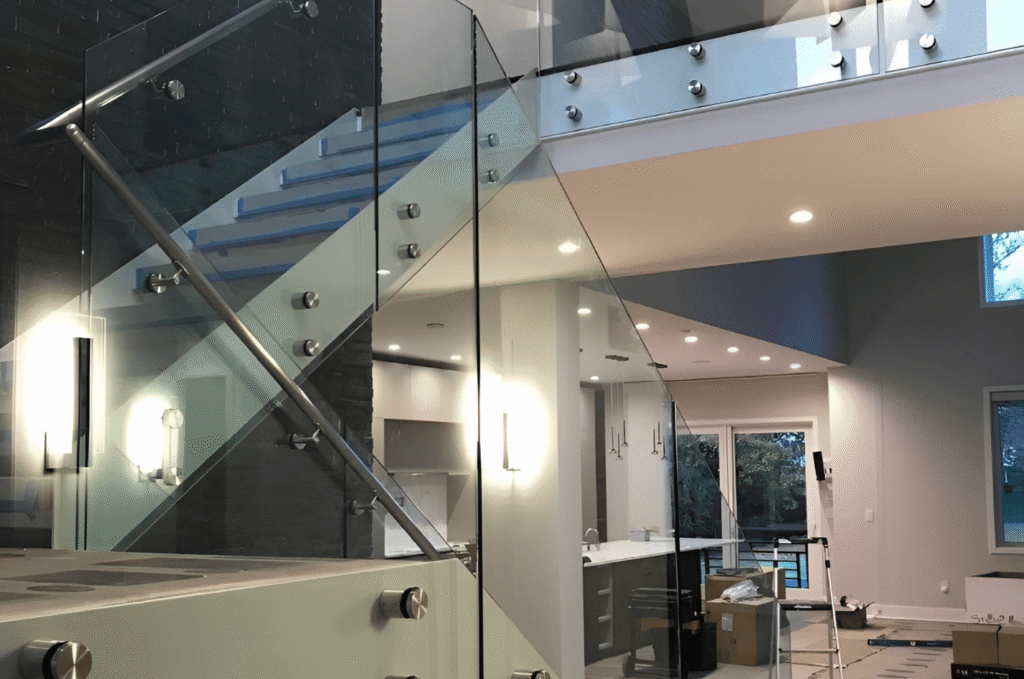 Frameless glass stair railing with stainless steel standoff clamps installed in a modern Seattle home interior.