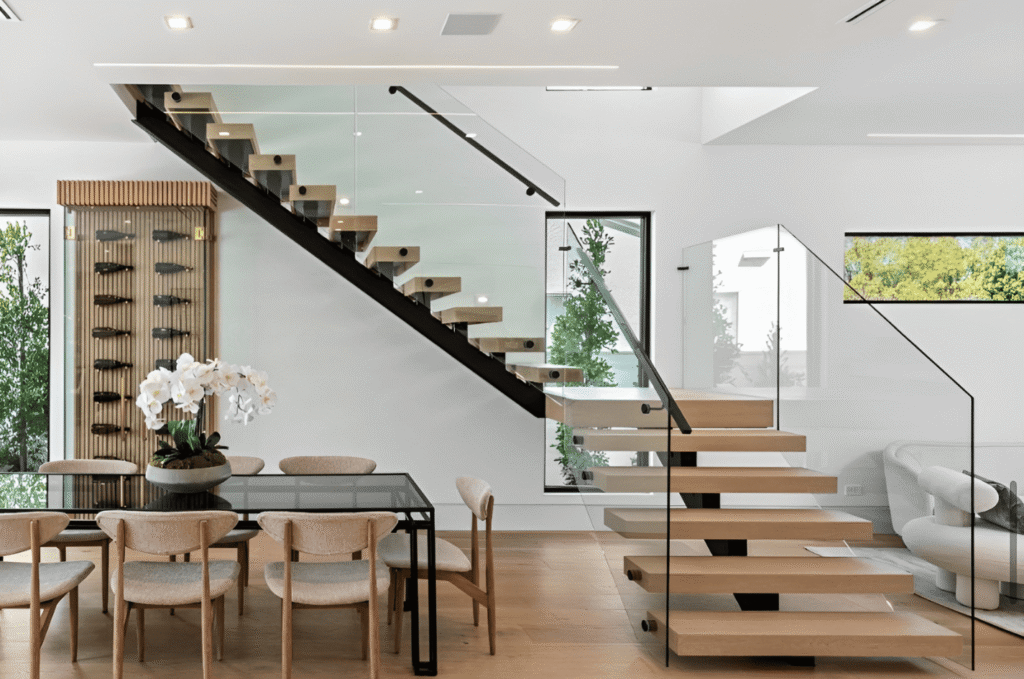 Glass stair railing with a matte black handrail in a modern Seattle home with an open dining area.