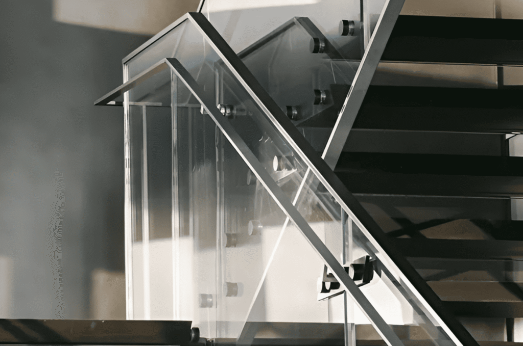  Close-up of frameless glass railing with stainless steel standoff clamps alongside a black steel floating staircase. 