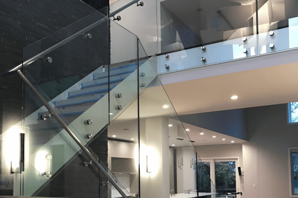 Frameless glass stair railing with stainless steel standoff hardware installed in a modern open-concept interior home. 