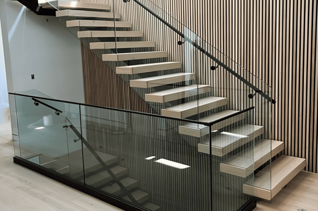 Modern custom glass railing with lightly tinted glass panels beside a floating staircase and warm wood accent wall in a home