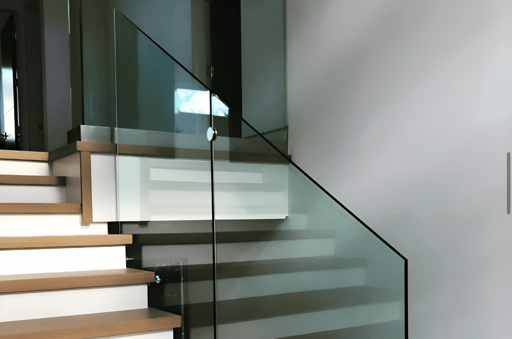 Tinted glass railing panels on a modern staircase showing how color filters light and supports custom glass panel layout