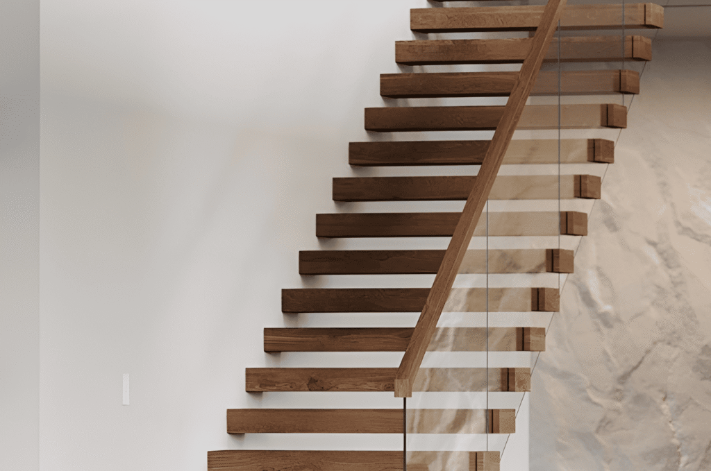 Frameless glass railing with a wood handrail beside floating stairs, showing minimal hardware in a clean modern home interior 