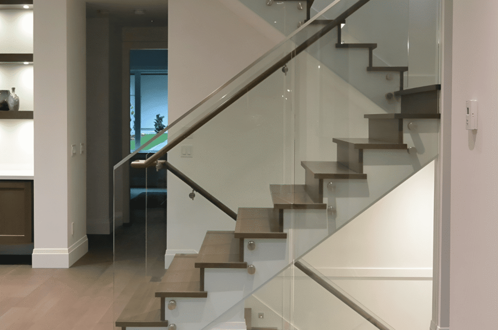 Indoor glass stair railing with full-height tempered glass panels and brushed stainless hardware in a modern open-plan home