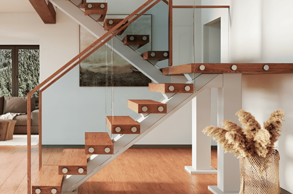 Modern glass railing hardware with wood stairs, clear panels, and soft metal details that match the home’s natural style.