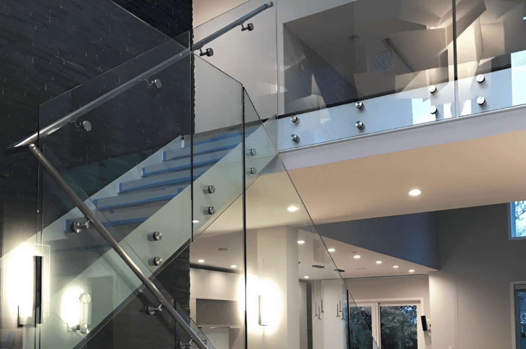 Glass stair and loft railing with stainless steel standoffs in modern home interior needing protection before painting starts