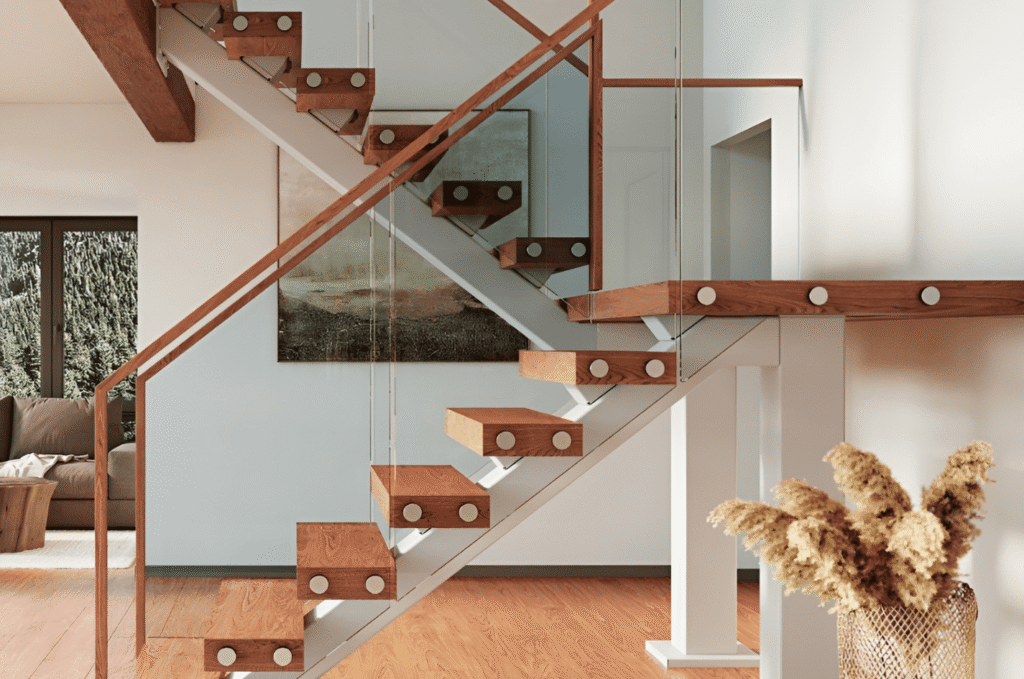 Indoor glass railing on a floating wood staircase with handrail in a bright modern living space in a Seattle home