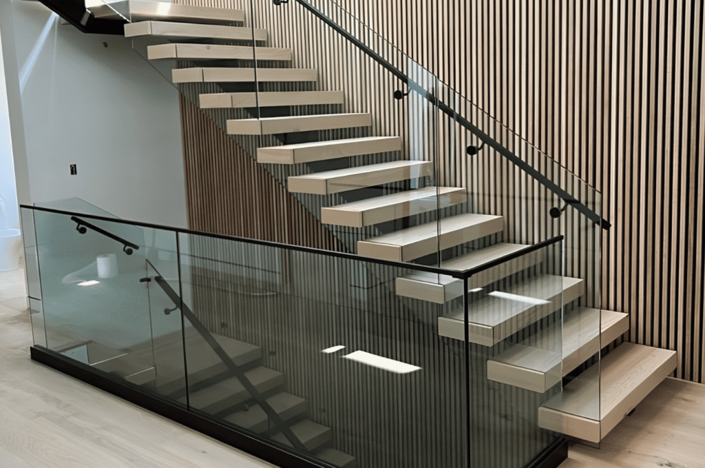 Thick frameless tempered glass railing panels along a floating wood staircase in a modern Seattle-area home interior